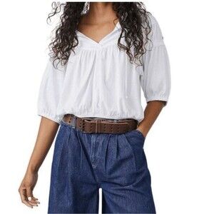 Free People No Good Alone Tee Top Optic White Puff Sleeve V-Neck Size L NWT